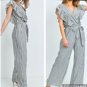 NWT Altar’d State Striped Ruffle V Front Keyhole Back Striped Jumpsuit Size: S